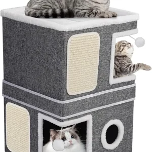 Two-Storey Cat Condo – Double Hideaway Cat House with Scratch Pads and Hanging Toys