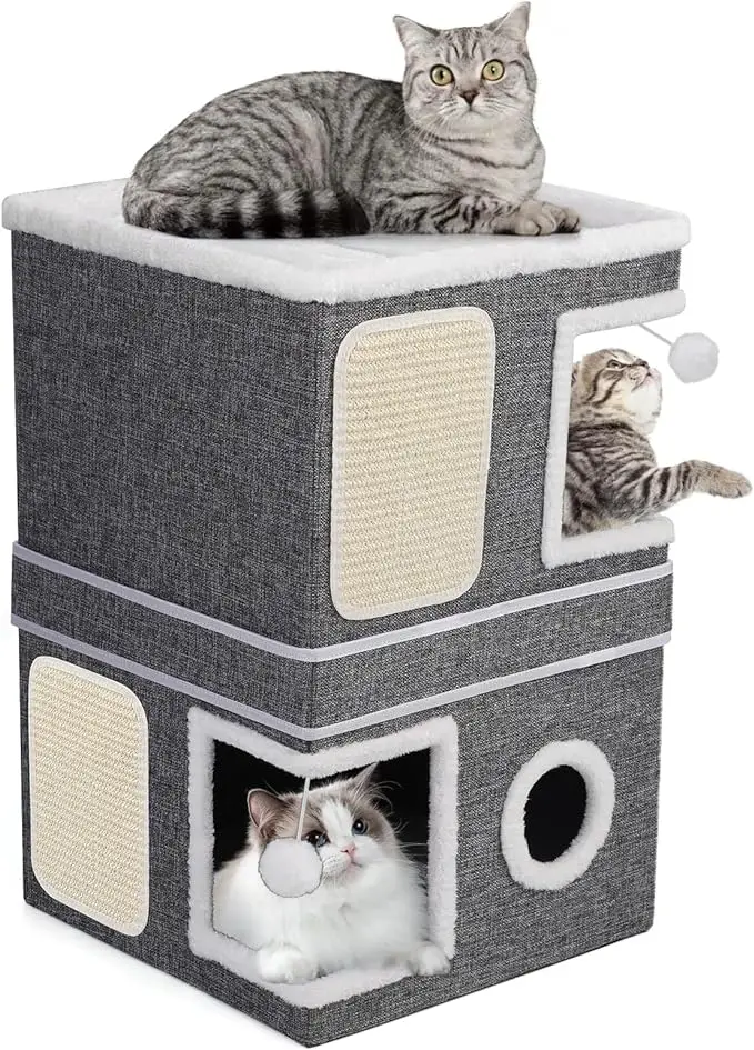 Two-Storey Cat Condo – Double Hideaway Cat House with Scratch Pads and Hanging Toys