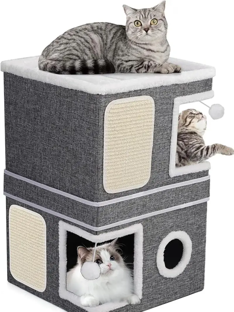 Two-Storey Cat Condo – Double Hideaway Cat House with Scratch Pads and Hanging Toys - Image 4