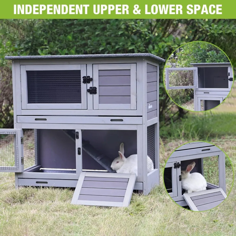 Wooden Rabbit Hutch – Indoor Bunny Cage with Casters and Two Levels - Image 6