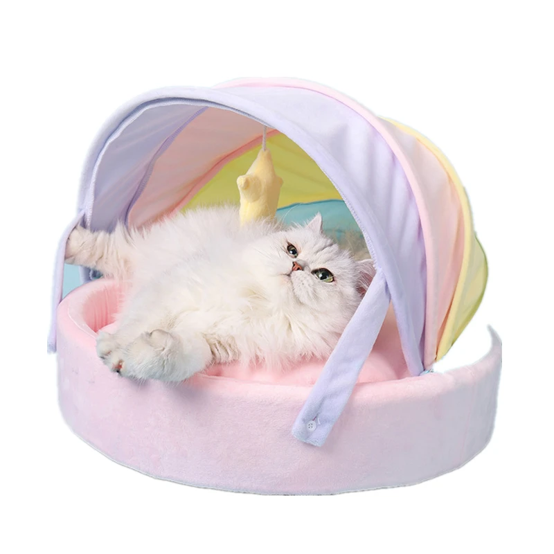 Rainbow Tent Cat Bed – Soft Winter House for Kittens and Small Dogs - Image 3