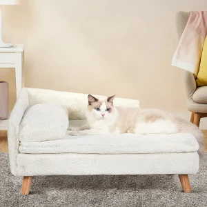Elevated Pet Sofa Bed – Wooden Leg Cat and Dog Lounge with Plush Cushion