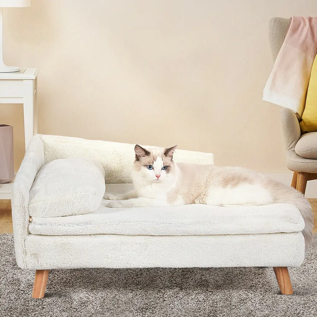 Elevated Pet Sofa Bed – Wooden Leg Cat and Dog Lounge with Plush Cushion