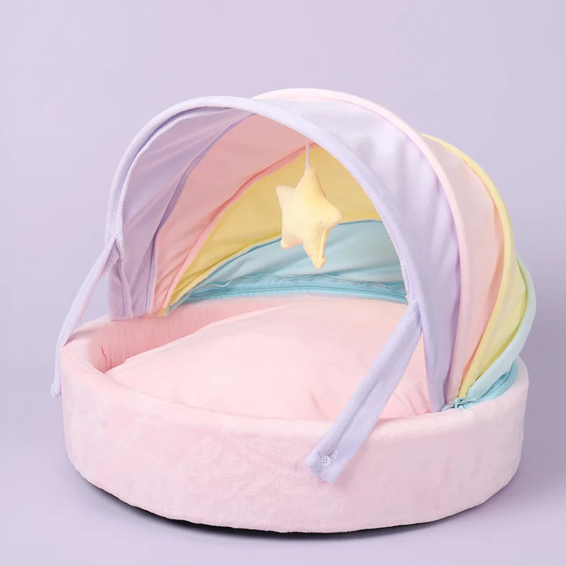 Rainbow Tent Cat Bed – Soft Winter House for Kittens and Small Dogs - Image 5