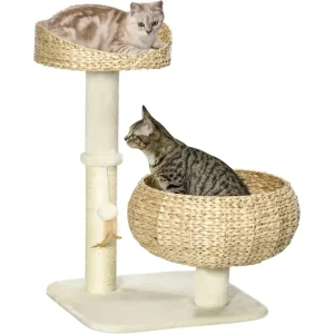 28-Inch Cat Tower with Scratching Post – Elevated Cat Tree with Basket and Toy Ball