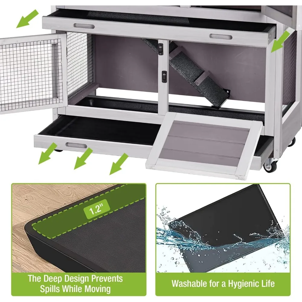 Wooden Rabbit Hutch – Indoor Bunny Cage with Casters and Two Levels - Image 4