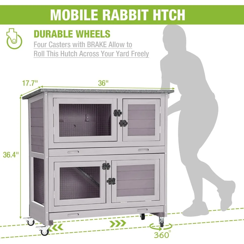 Wooden Rabbit Hutch – Indoor Bunny Cage with Casters and Two Levels - Image 3