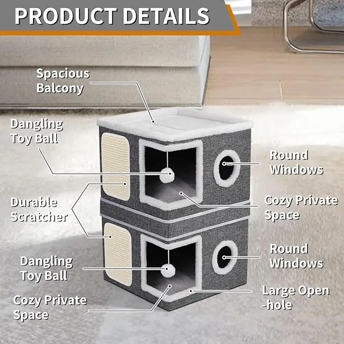 Two-Storey Cat Condo – Double Hideaway Cat House with Scratch Pads and Hanging Toys - Image 3