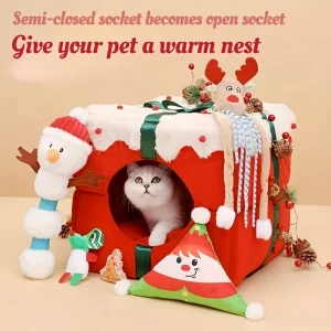 Christmas Winter Cat Bed – Warm Plush House for Small Pets
