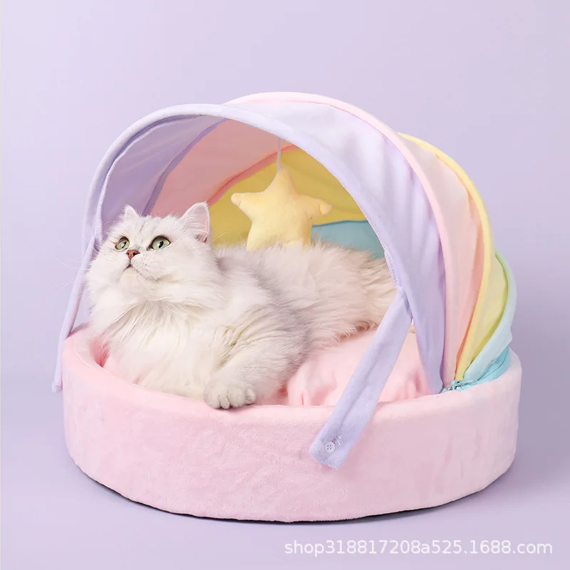 Rainbow Tent Cat Bed – Soft Winter House for Kittens and Small Dogs