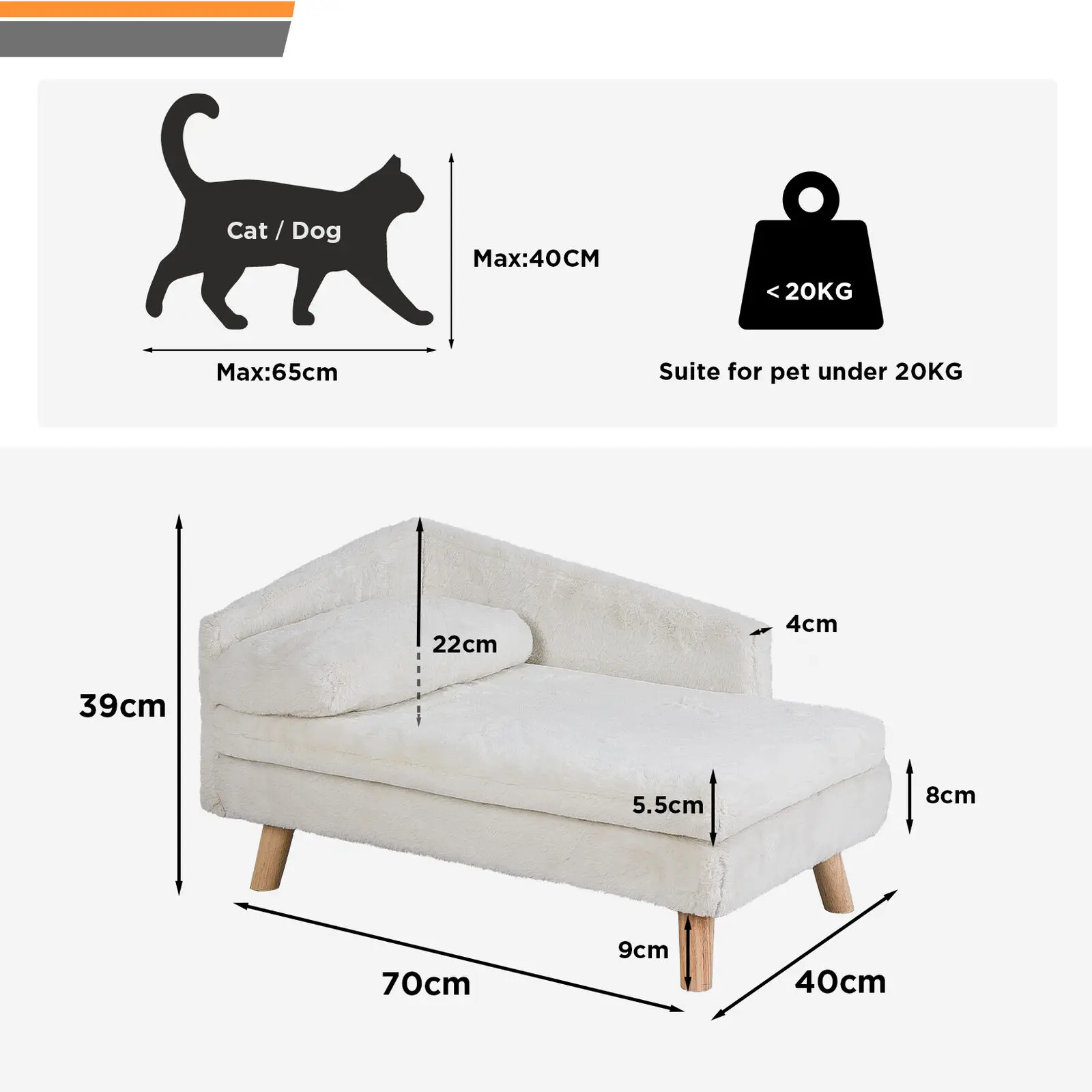 Elevated Pet Sofa Bed – Wooden Leg Cat and Dog Lounge with Plush Cushion - Image 3