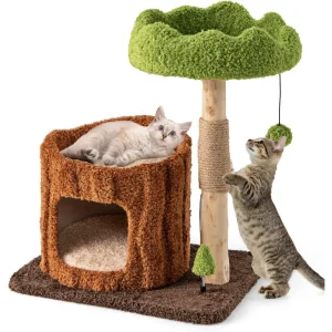 Natural Wood Cat Tree – Kitten Tower with Scratching Post and Perch Bed