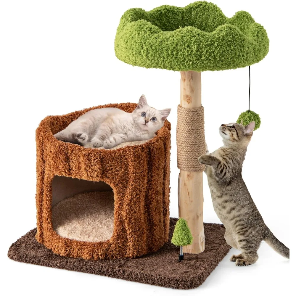Natural Wood Cat Tree – Kitten Tower with Scratching Post and Perch Bed