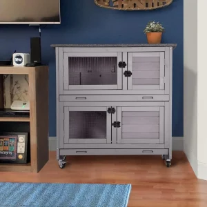 Wooden Rabbit Hutch – Indoor Bunny Cage with Casters and Two Levels