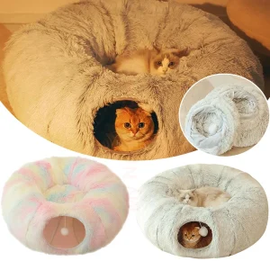 2-in-1 Foldable Cat Tunnel Bed – Plush Round Pet Bed for Small Dogs and Kittens