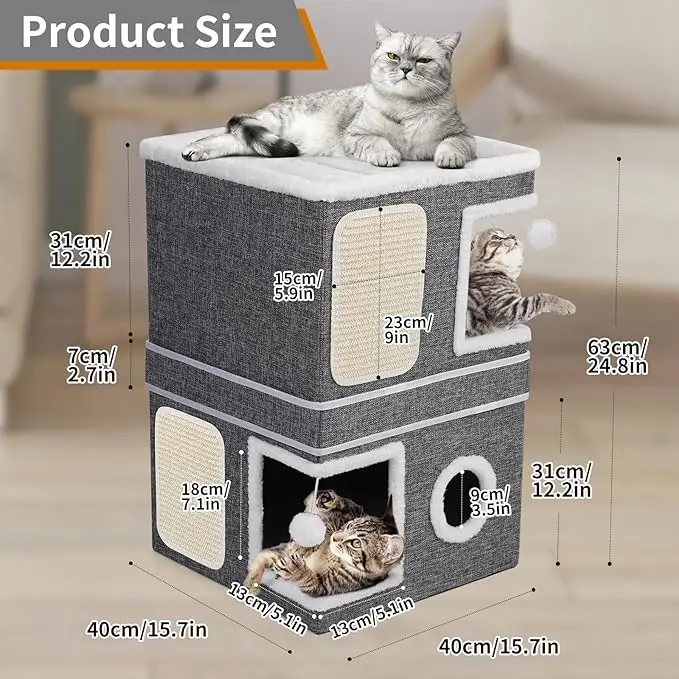Two-Storey Cat Condo – Double Hideaway Cat House with Scratch Pads and Hanging Toys - Image 2