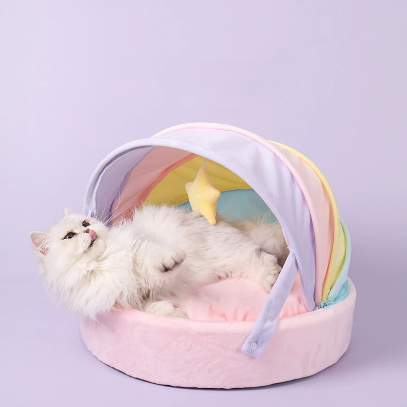 Rainbow Tent Cat Bed – Soft Winter House for Kittens and Small Dogs - Image 4
