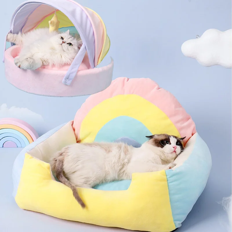 Rainbow Tent Cat Bed – Soft Winter House for Kittens and Small Dogs - Image 2